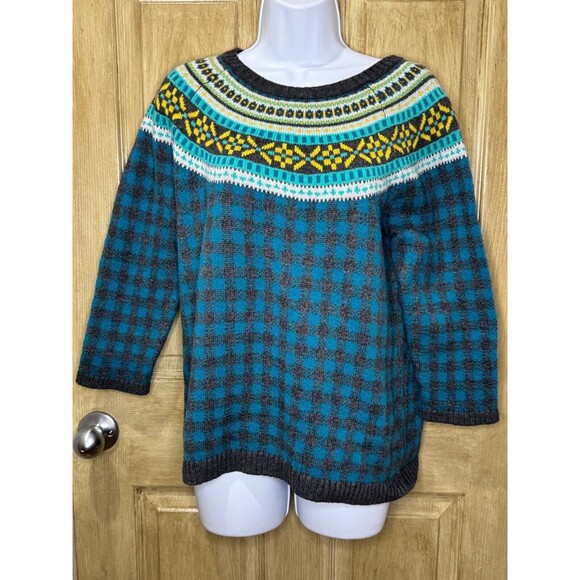 Talbots Sweater Women Large Lambswool Blend Fair Isle Gray Blue Plaid 3/4 Sleeve - Picture 1 of 7